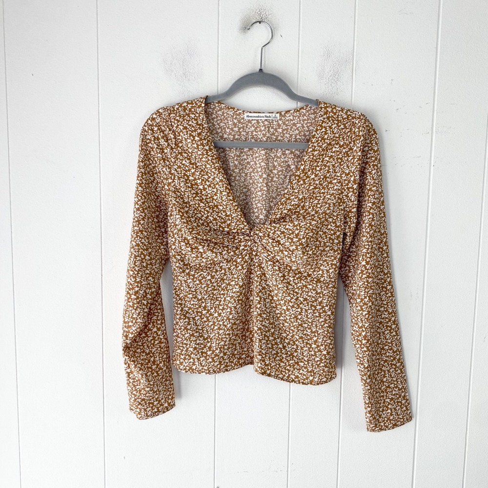 Abercrombie & Fitch Brown Floral Twist Front V-Neck Long Sleeve Top Small